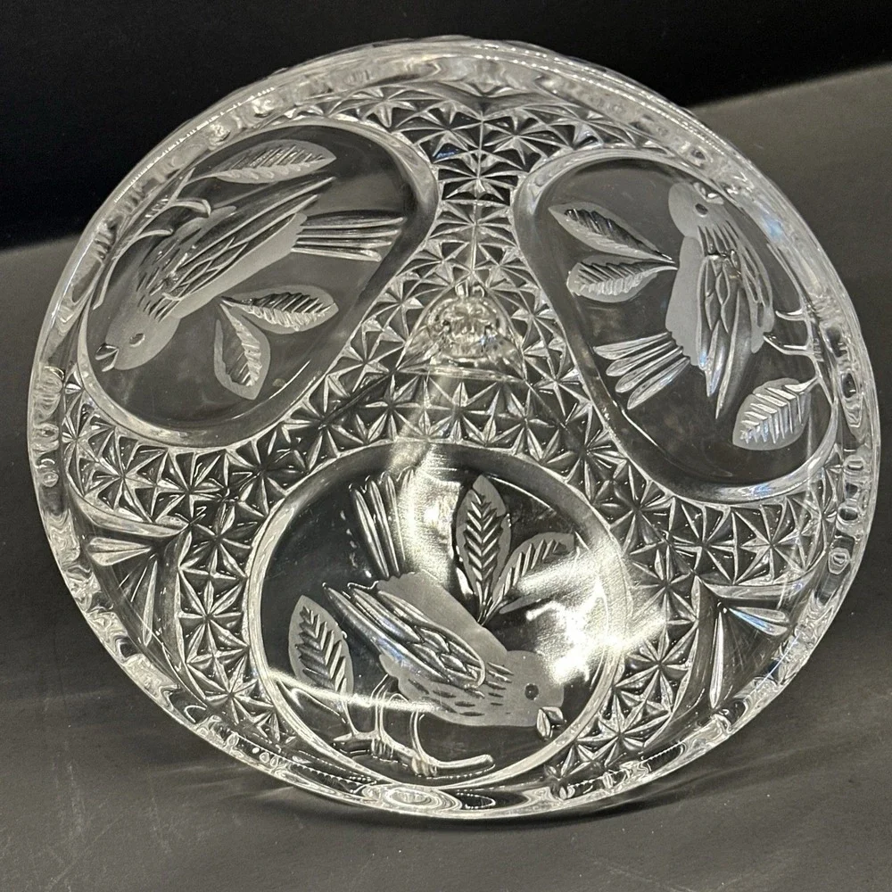 Hofbauer Byrdes Collection Bird Clear Crystal Large Candy Dish Nut Bowl Lid VTG